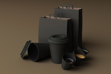 Set of black paper shopping bag and coffee cups on brown background. 3d rendering
