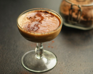 chocolate dessert (cocktail mousse) sweet food. food background. top