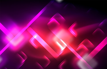 Neon square and line lights on dark background with blurred effects