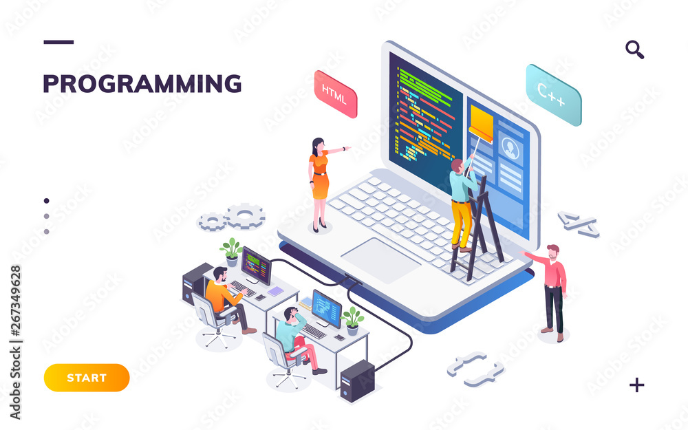 Aufkleber Programming office with developers and notebook. Coders or programmers writing program. Landing page for web IT courses with HTML and C++. Code team engineering computer software.