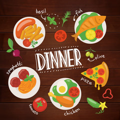 Naklejka premium Dinner vector food design poster with different dishes