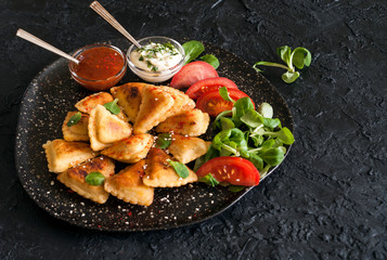 Small puff fried pies with vegetarian and meat fillings are served with sauces on a black slate Board. Copy space