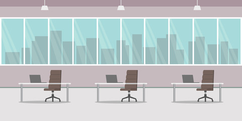 Open office workspace. Pink wall and panoramic window. Vector illustration.