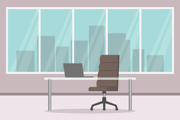 Empty office interior. Desk, chair and laptop. Vector illustration.