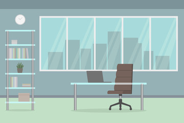 Office interior. Desk, chair and laptop. Blue wall. Vector illustration.