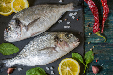 Two raw dorado fish on a dark background. View from above.
