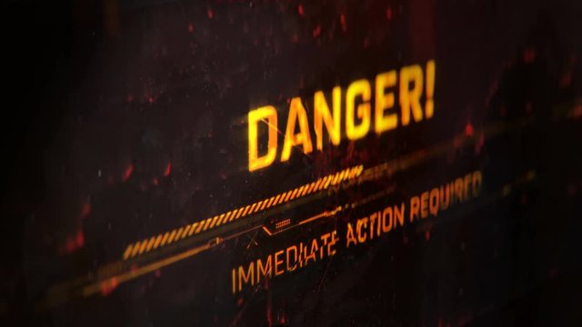 Danger, immediate action required, alert message on screen, nuclear threat sign. System shutdown, emergency protocol engaged
