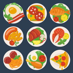 Obraz premium Vector food icons big set with meat and fish dishes