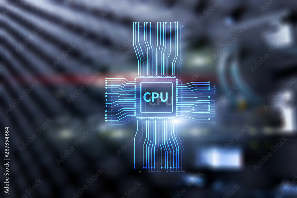 Poster blue glowing futuristic cpu in the center of computer system
