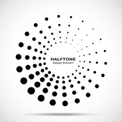 Halftone circle dotted frame circularly distributed. Vector dots logo emblem design element. Round border Icon using random halftone circle dot raster texture. Half tone circular background pattern.