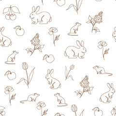 monochrome seamless pattern with mice, bunnies, apples, cherries, lilac and tulip flowers. Ecological theme. Continuous line art.