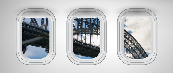 Sydney Harbor Bridge structure as seen from three airplane windows. Holiday, vacation and travel...