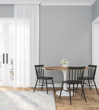 Classic gray empty interior room with dinner table, chairs, curtain, wooden floor and flowers. 3d render illustration.