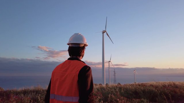 Ingegnere con elmetto e gilet catarifrangente cammina in una parco eolico con turbine del vento. Generatori di energia pulita.