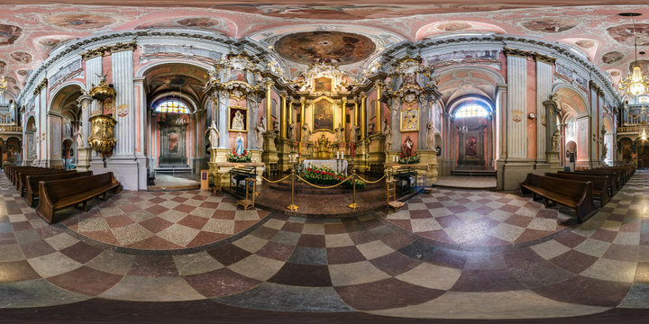  full seamless spherical panorama 360 degrees angle view interior baroque catholic Holy Teresa church in equirectangular projection, ready AR VR content