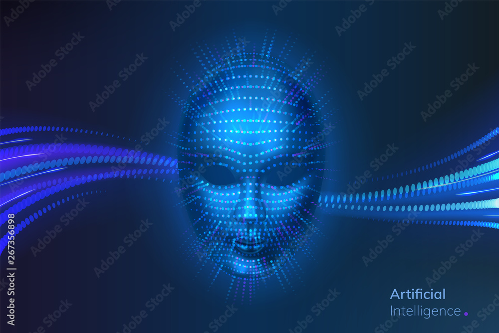 Fototapete Artificial intelligence or cyber robot face. Neural network connections near bionic or virtual human head. Computer technology for recognition or security software. Intellect concept. Science, machine