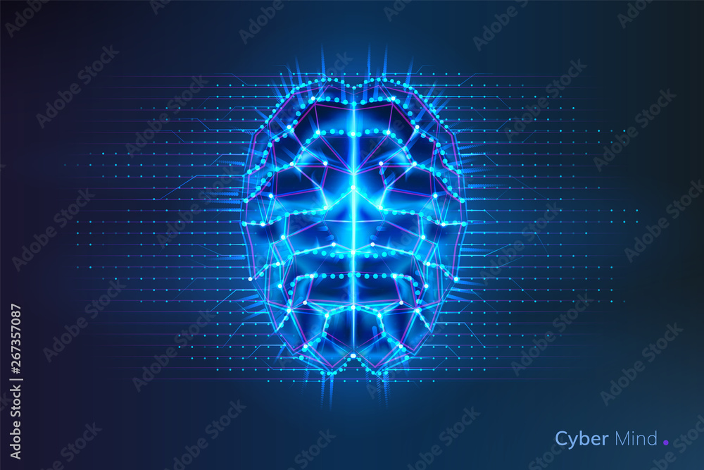 Poster Robot or cyber brain with geometry lines and dots. Circuit board on human or artificial intelligence digital mind, polygonal neural network on glowing cyberbrain. Future technology concept