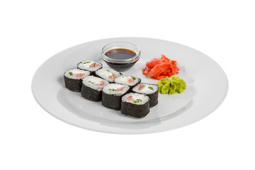 Sushi, rolls, hosomaki with salmon and philadelphia cheese, raw seafood, soy sauce, marinated ginger and wasabi, white isolated background, side view