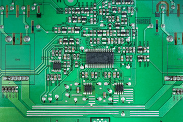 Macro shot of back side circuit board. Top view with copy space.