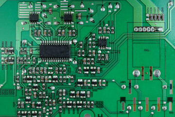 Macro shot of back side circuit board. Top view with copy space.