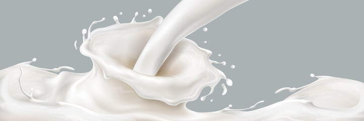 Pouring milk with 3d spatters or falling yogurt with realistic splash, motion of kefir liquid or flow of creamy beverage, fluid dash or milky wave. Dairy and natural, organic healthy beverage theme