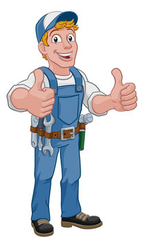 A handyman cartoon character caretaker construction man giving a thumbs up 
