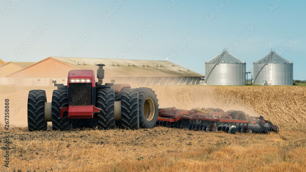 Poster autonomous tractor working on the field. smart farming