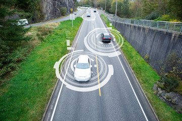 Vehicle to vehicle communication. Data exchange between cars. - obrazy, fototapety, plakaty