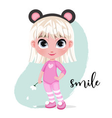 Cute little girl character in hat on pastel mint background with text. Template for card, poster, your design.