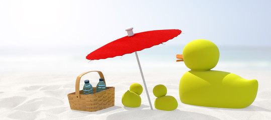 family of rubber ducks with parasol and picnic basket on summer beach background