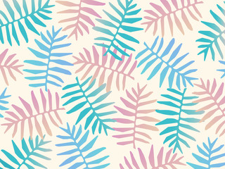 Fototapeta na wymiar Pastel colored fern leaves seamless pattern background. Colorful exotic leaves art print. Botanical pattern, poster, wallpaper, fabric vector illustration design