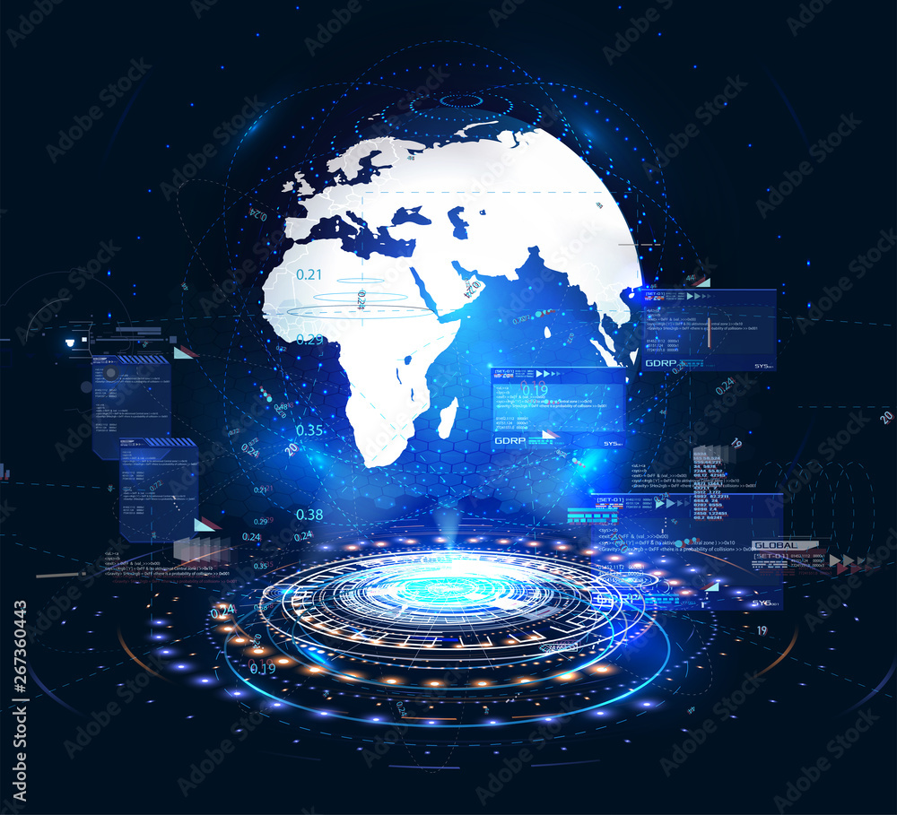 Poster hud ui gui interface control center. planet earth in future futuristic style. interactive screen wit