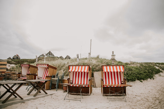 red white beach chairs on german island sylt