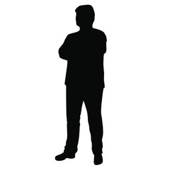 Vector silhouette of man standing, fat men,  black color, isolated on white background