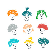Cute collection of cartoon kids with smiles and colorful hair.