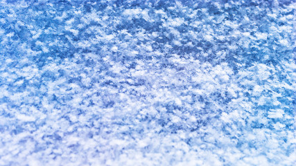 Fototapeta na wymiar Fresh Snow Texture Background, Natural Snowflakes Pattern with Copy Space. Blue Tone Coloring. Winter Season, Weather Forecast, Climate Change, Greeting Card Image.