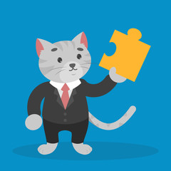 Business cat in a suit hold jigsaw puzzle piece