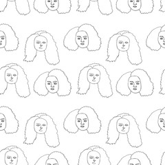 Seamless pattern with women. One continuous line drawing of woman with curly hair. Minimalism art.