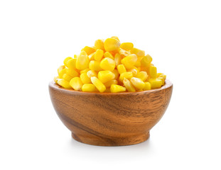 sweet corn seeds in wood bowl on white background