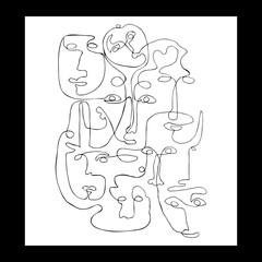 Modern poster with linear abstract faces. Continuous line art. One line drawing. Minimalist graphic.