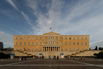 Athenian Syntagma square with the national Greek parliament building and its guards (Athens, Greece, Europe)