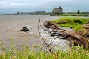 Old rusty barbed wire at the site of an SLON concentration camp on the shore of the White Sea in...
