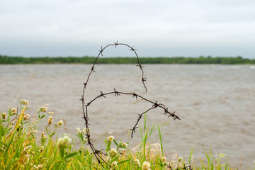Old rusty barbed wire at the site of an SLON concentration camp on the shore of the White Sea in stormy weather
