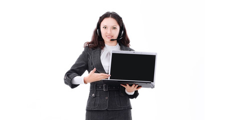 employee of the call center showing open laptop.