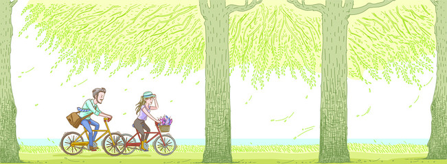 Couple rides the bicycles in the park. Having a bicycles race into the nature forest In the summer. Pairs in love riding a bicycle. During the time for love romantic. Lines, colors separate layers.