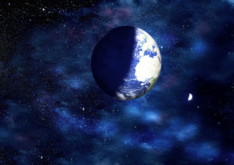 Earth and Moon in space.  Photo elements provided by NASA