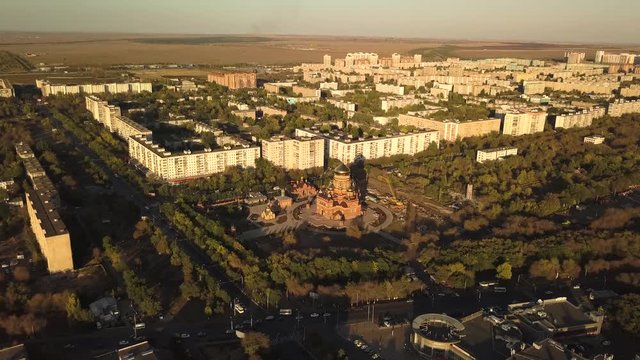 Aerial curch in the city sunset sunlight kaliningrad russia
