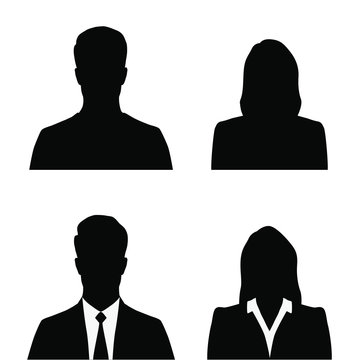 Set silhouettes of men and women, business profile avatar, black color, isolated on white background