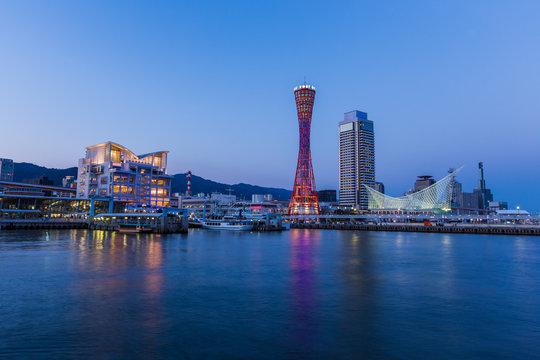 Port of Kobe skyline at night in Kansai, Japan