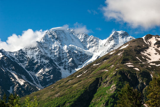 Beautiful mountain landscape of Caucasus Mountains. View of glacier named Seven